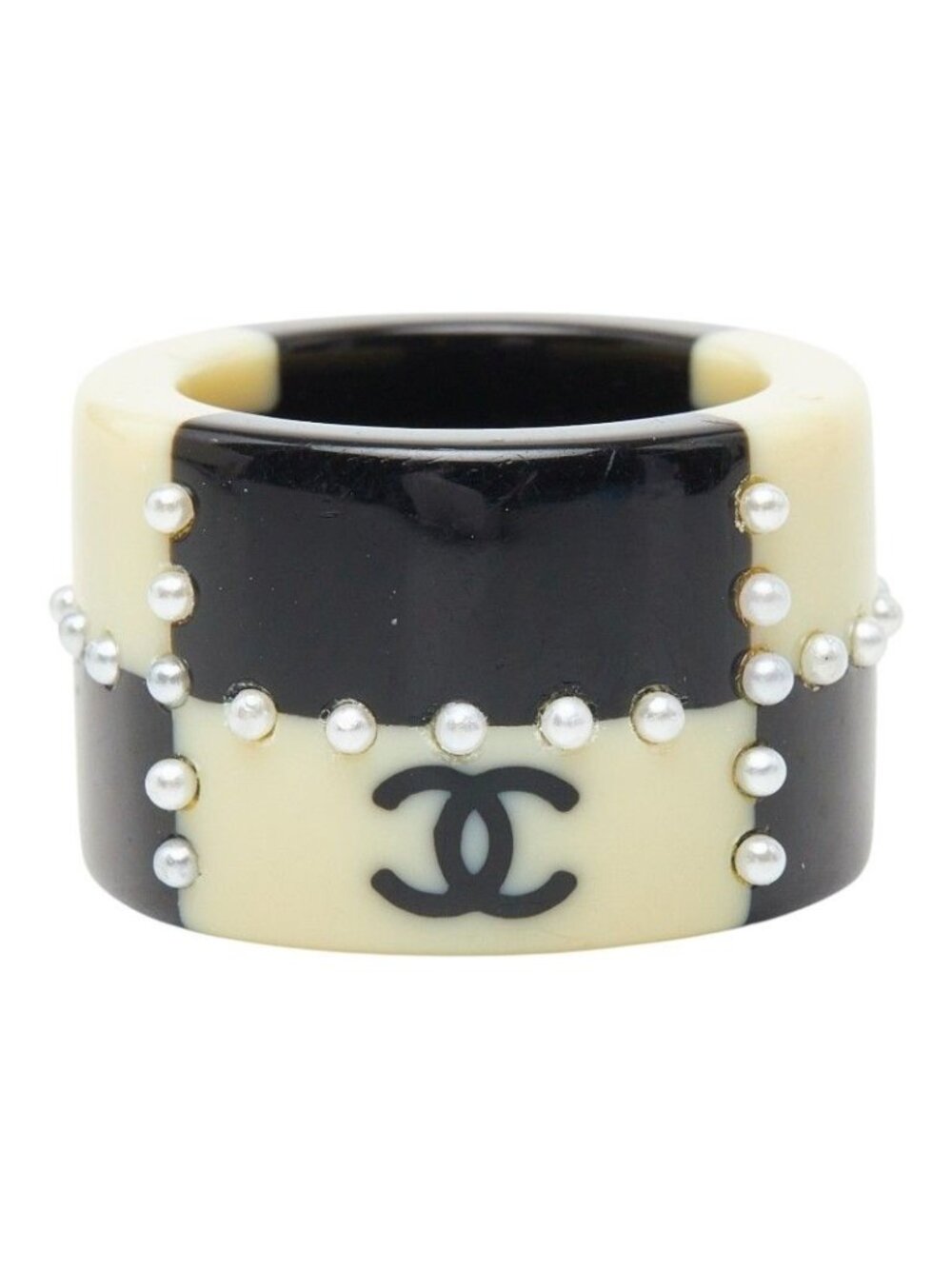 Chanel CC Logo Ring Black Ivory Plastic Faux Pearl